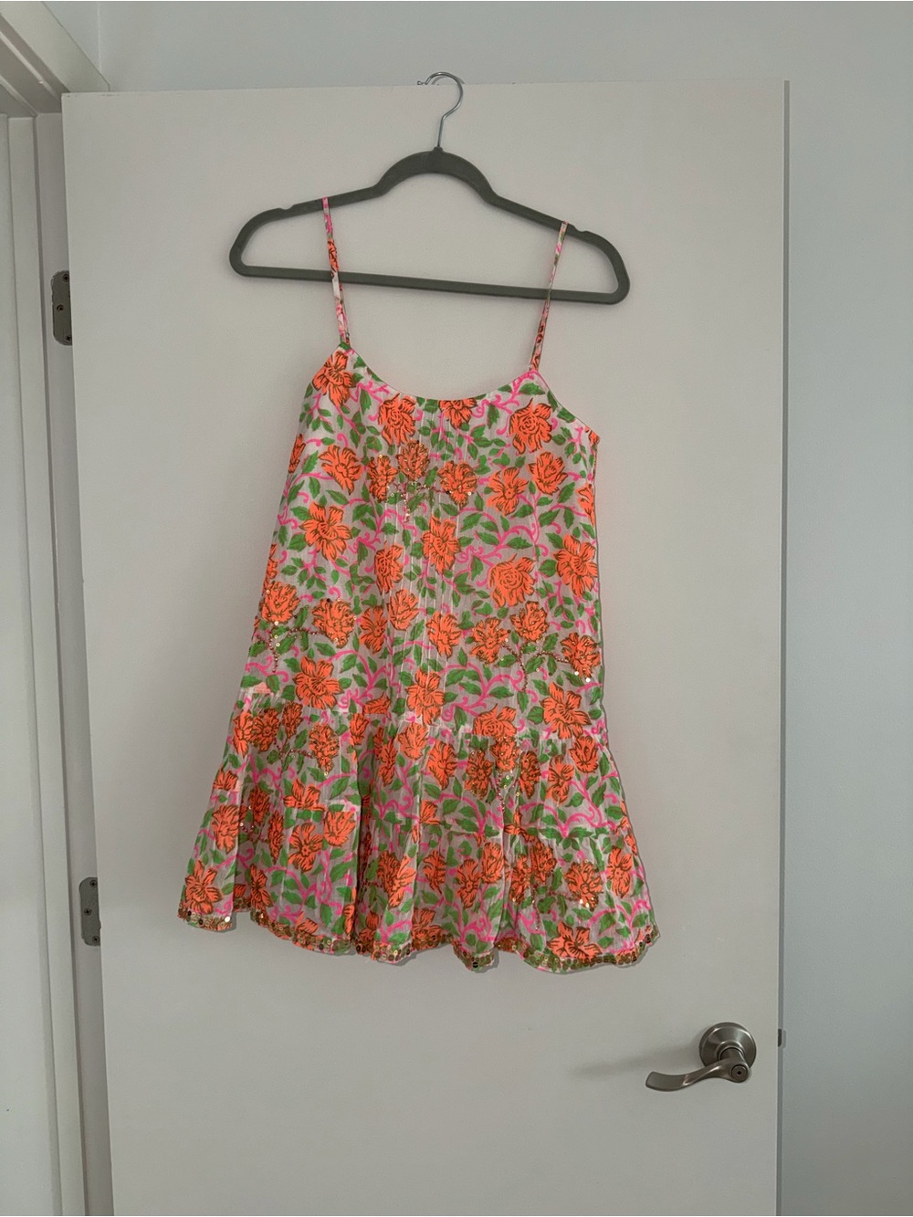 Juliet Dunn Pink Mini Dress with Bright Orange Floral Pattern